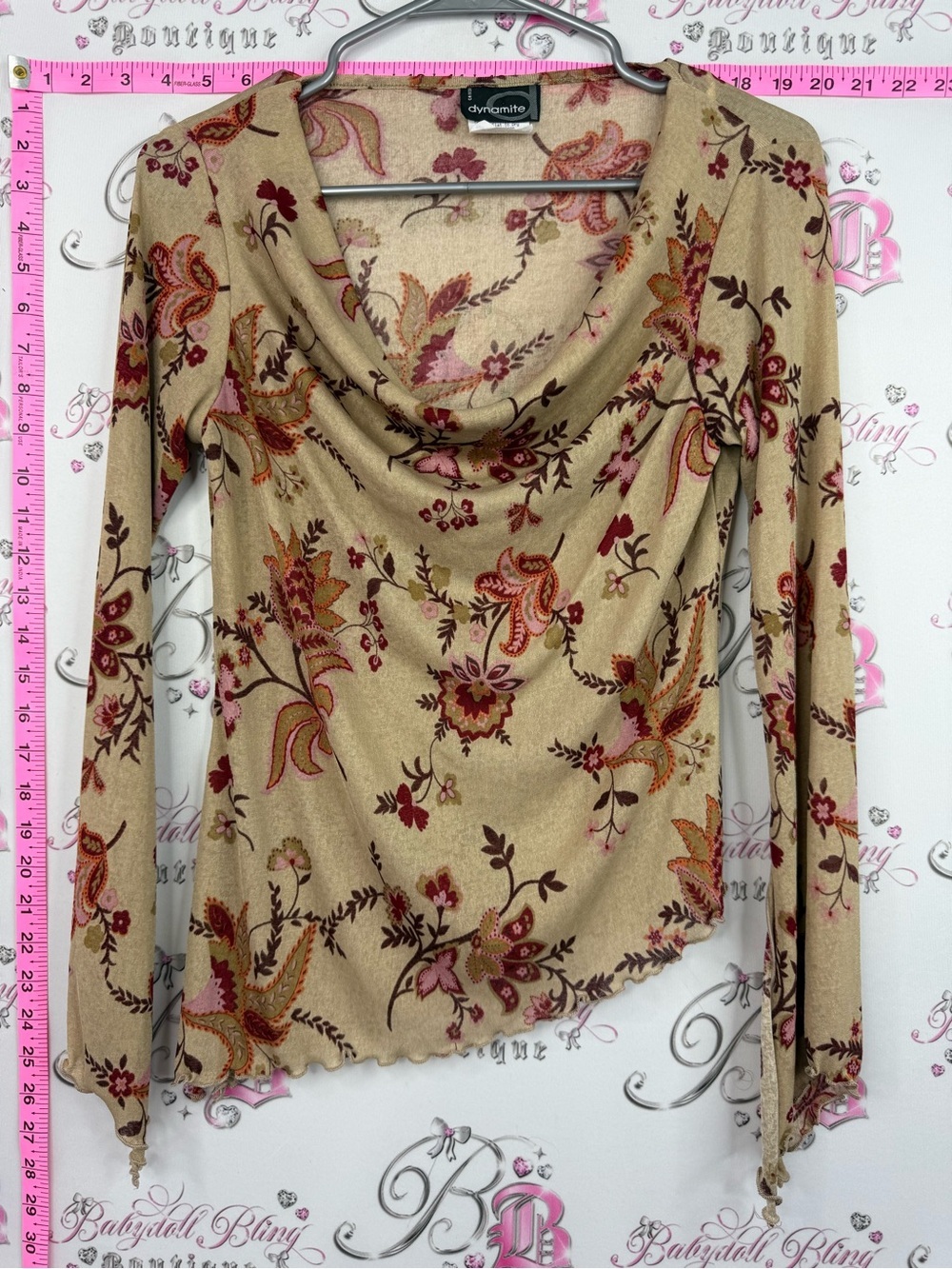 Dynamite fairy hem long sleeve vintage y2k Beige Floral Paisley Cowl Neck Top